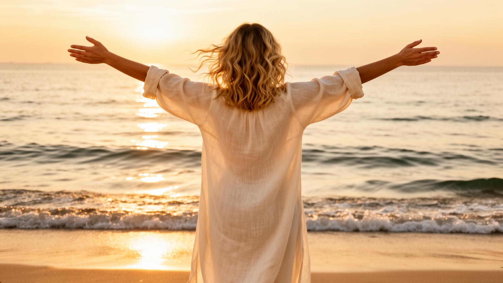 Woman on the beach at sunset facing the ocean with arms wide open